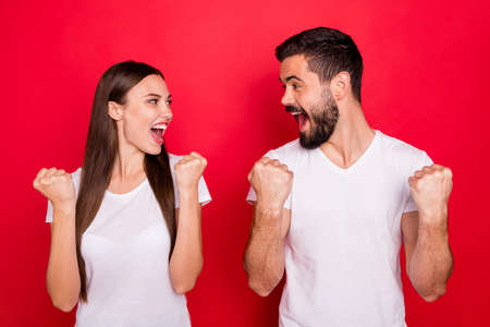 Photo of cheerful charming cute fascinating trendy stylish handsome beautiful couple of two people...