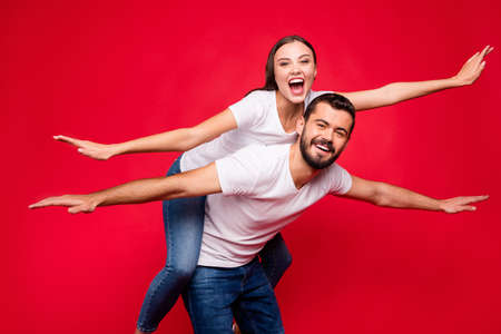Photo of charming trendy casual cute nice beautiful couple of two people wearing jeans denim white...