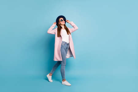 Full size photo of lovely pretty girl in eyewear eyeglasses having free, time walking looking into...
