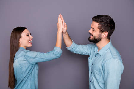 Close-up profile side view portrait of two her she his he nice attractive charming cheerful cheery...
