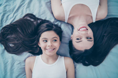 Close-up top above high angle view portrait of two nice beautiful attractive lovely tender feminine...