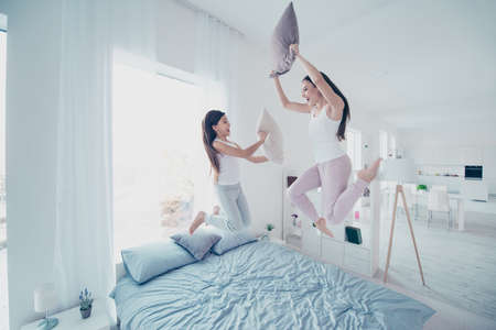 Full length body size view of two nice beautiful attractive cheerful cheery carefree careless...