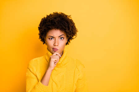 Close up photo portrait of mindful full of creative thoughts interesting solutions smart clever teen...