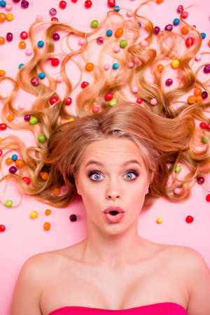 Close up side profile top above high angle view photo beautiful oh no facial expression, she her...
