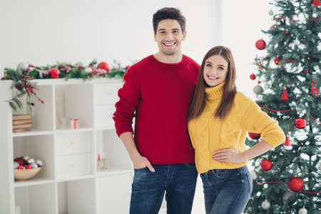 Portrait of romantic charming two people wife and husband hug enjoy christmas noel holidays have fun...