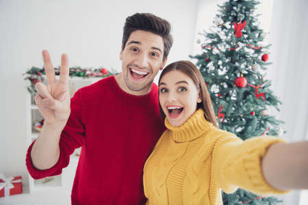 Close up photo of two cheerful romantic spouses people take selfie blogs, make v-signs show...