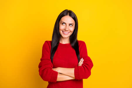 Portrait of cute lady think cross hands wear red pullover isolated over bright color background