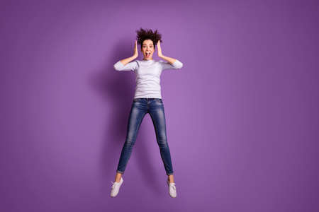 Full length body size photo of white cute nice charming fascinating youngster learning sales...