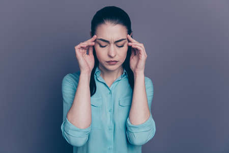 Close-up portrait of her she nice-looking attractive lovely depressed long-haired girl suffering...