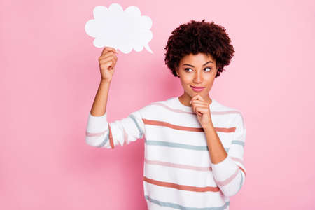 Photo of pretty dark skin lady holding in hand empty paper mind cloud wondering to read dialogue...