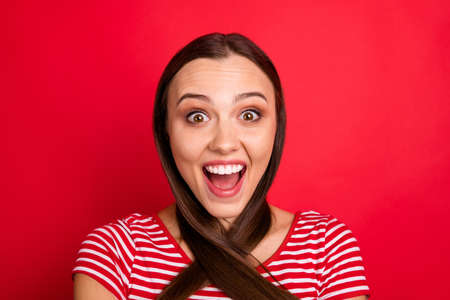 Close up photo of charming cute nice beautiful attractive girlfriend wearing striped t-shirt excited...