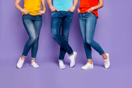 Cropped close up photo of one single macho surrounded by two beautiful sweet ladies isolated violet...