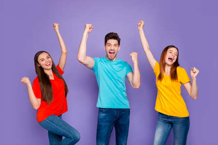 Portrait of nice attractive content cheerful cheery glad overjoyed lucky, guys wearing colorful...