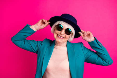 Close-up portrait of her she nice attractive fascinating well-dressed cheerful gray-haired lady...