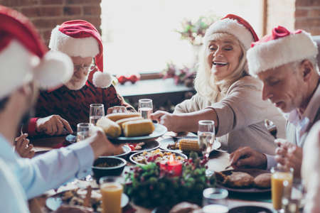 Portrait of nice lovely cheerful glad positive big full family enjoying spending christmastime winter season festal day gathering tradition eating brunch in industrial loft brick style interior houseの写真素材