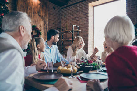 Portrait of nice sweet cheerful cheery glad big full family generation meeting gathering spending winter December tradition in modern industrial loft brick style interior decorated house indoorsの写真素材