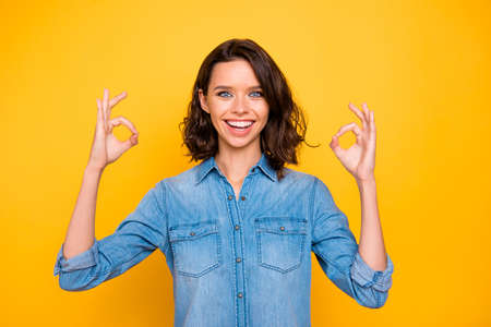 Portrait of cheerful lovely promoter show okay signs select novelty suggest ads advertise promo wear...