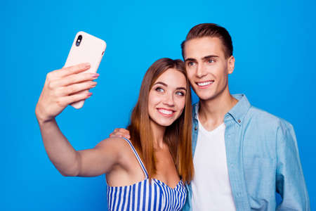 Close-up portrait of his he her she two nice attractive tender sweet gentle cheerful cheery glad...