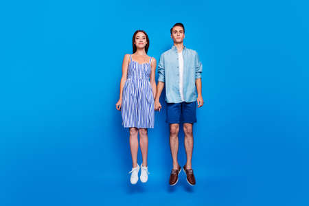 Full length body size view of her she his he two nice attractive lovely funky dreamy partners...