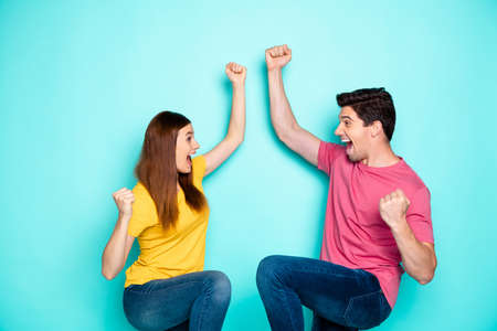 Portrait of his he her she nice attractive lovely ecstatic cheerful cheery couple celebrating...