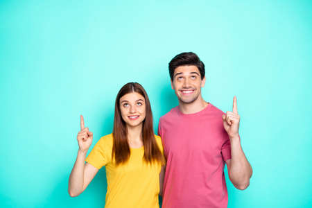 Portrait of his he her she nice attractive cheerful cheery funny curious couple hugging pointing...