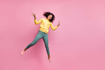 Free time enjoy good mood concept. Full length body photo of beautiful pretty cool carefree dreamy...