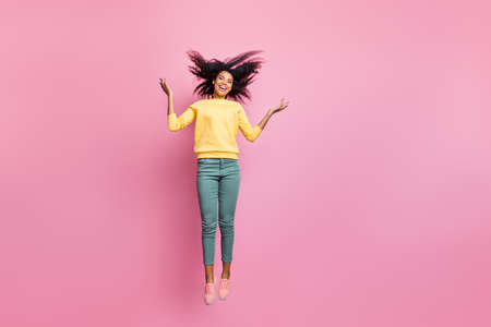 Full length photo of nice pretty gorgeous tender lovely sweet hipster enjoying her new hairdo...