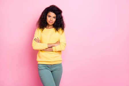 I know everything about start-up concept. Photo of pretty concentrated self-assured brunette lady...