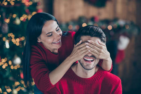 Close-up portrait of his he her she nice, attractive lovely cheerful cheery careful married spouses...