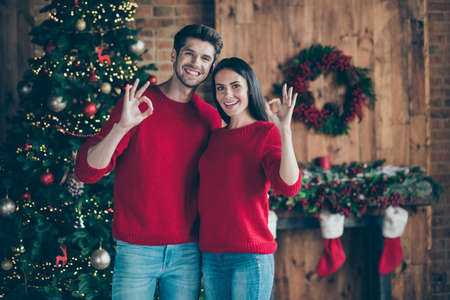 Portrait of two romantic couple showing ok sign enjoy christmas x-mas event, standing indoors in room with noel newyear decoration sockc houseの写真素材
