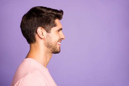 Close-up profile side view portrait of his he nice attractive well-groomed cheerful cheery brunet...