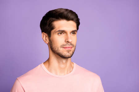 Close-up portrait of his he nice attractive calm peaceful content focused brunet bearded guy wearing...