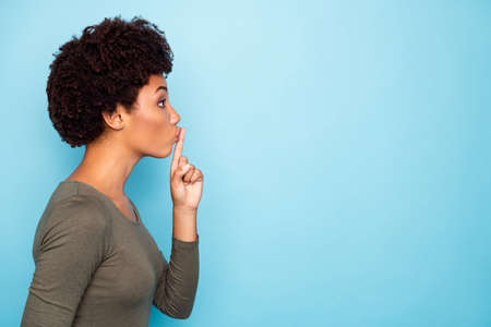 Photo of stylish trendy strict confident black woman showing empty, space to stop conversation not...