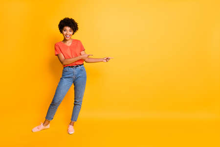 Copyspace full length body size photo of nice charming pretty sweet girl black, presenting you...
