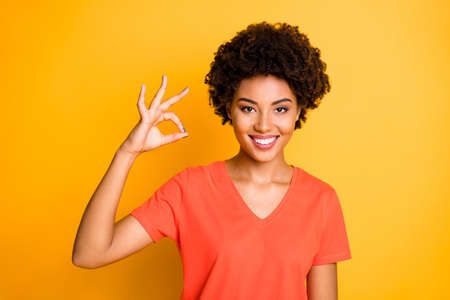 Photo of cheerful nice cute charming pretty sweet girlfriend showing, you ok sign wearing t-shirt...