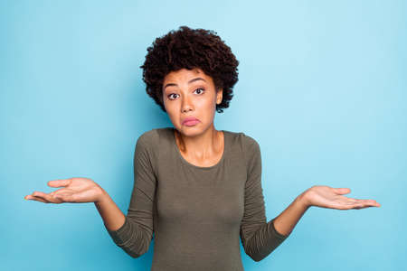 I dont care. Portrait of doubtful negative curly hair afro american girl cant choose, answer solve...