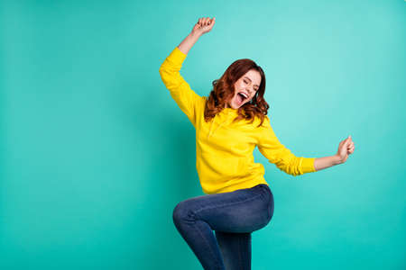 Photo of curly wavy trendy cheerful nice rejoicing fascinating girlfriend wearing jeans denim...