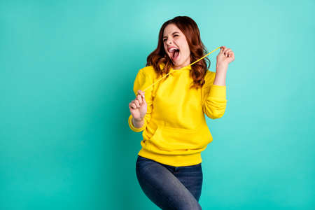 Photo of ecstatic overjoyed lucky fortunate girlfriend screaming with having known new information...