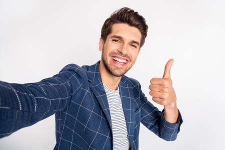 Self-portrait of his he nice attractive satisfied cheerful cheery glad director ceo boss chief...