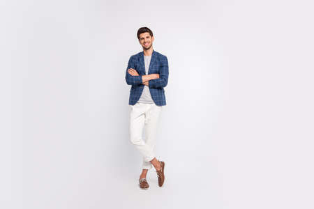 Full size photo of pretty guy cross his arms wear plaid good look checkered blazer jacket pants...