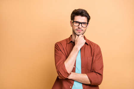 Close-up portrait of his he nice attractive content successful calm serious focused brown-haired guy...