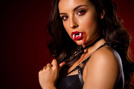 Cropped close-up view portrait of her she nice attractive gorgeous stunning evil cruel black...