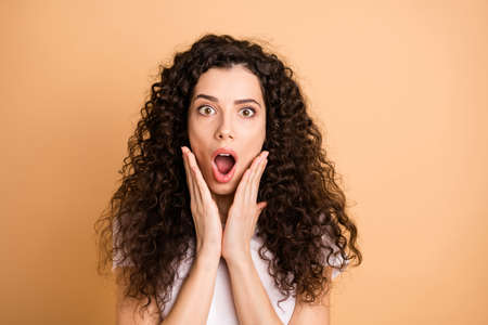 Closeup photo of amazing wavy lady open mouth listening awful bad news epic fail hold arms on...