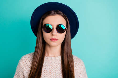 Close up photo of concentrated girl ready to walk with her college friends wear white jumper isolated over teal turquoise color backgroundの写真素材