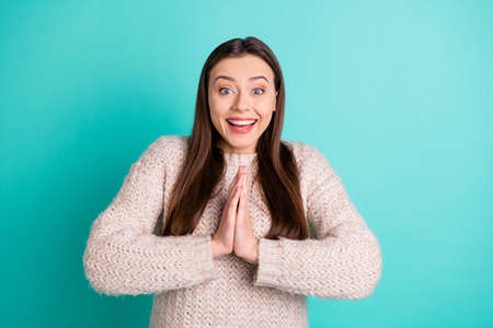 Photo of cheerful charming cute pretty nice glad girlfriend begging someone wearing jumper while...