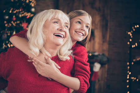 Close-up portrait of nice attractive charming lovely cheerful cheery dreamy granny pre-teen grandchild hugging enjoying vacation at decorated industrial brick wood loft style interior houseの写真素材