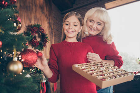 Portrait of nice attractive lovely charming cute cheerful cheery dreamy granny pre-teen grandchild hanging toys on fir spending day at decorated industrial brick wood loft style interior houseの写真素材
