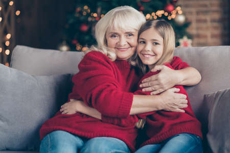 Portrait of nice attractive lovely tender affectionate cheerful peaceful granny grandchild sitting on cosy divan enjoying day hugging at decorated industrial loft style interior house roomの写真素材
