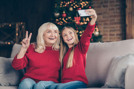 Close-up portrait of nice attractive cheerful cheery glad granny small little pre-teen long-haired...