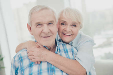 Close-up portrait of two nice attractive careful sweet gentle cheerful cheery peaceful calm people...
